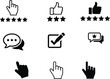 © Amina - Black silhouette icons of hand gestures with stars, thumbs up, checkmark, and speech bubbles for rating and feedback design