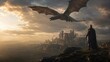 © crispy - Knight in dark armor standing on a cliff watching a dragon flying over a medieval castle. Epic fantasy scene with historic fortress architecture. Heroic tale and mythology concept