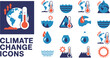 © Quadra - Climate change icon set featuring global warming world map thermometer and rising sea level symbols for environmental ecology sustainability reports and educational scientific vector illustrations.