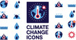 © Quadra - Climate change icon set featuring global warming world map thermometer and rising sea level symbols for environmental ecology sustainability reports and educational scientific vector illustrations.