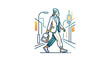 © Adre - Woman walking in city street carrying bag illustration.