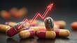 © nana - Rising red arrow above medical pill capsules on dark surface.