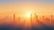 © sathon - Surreal Cinematic Wide Shot of a Vibrant City Skyline Shrouded in Mist at Sunrise