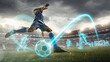 © master1305 - Soccer player kicking digital ball with glowing trajectory analytics in stadium. Concept of sport technology, match analysis, coaching software, broadcast graphics and football performance ads.
