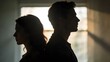 © Vicentia - Silhouette of a man and woman in a breakup scene, standing apart with emotional distress. Cinematic lighting highlights the sorrow and tension between a couple facing a difficult moment.