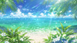 © Kuroneko Mac - 青く輝く海と白い砂浜が広がる夏のトロピカルな風景、ヤシの木と南国の花々に囲まれたアニメスタイルの美しいビーチの背景イラスト