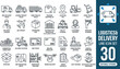 © Drow Dx - Logistics delivery line icon set featuring shipping cargo truck, warehouse freight box, courier distribution service, and order tracking map vector symbols