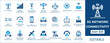 © FlatCore Studio - 5G network connectivity icon set featuring wireless telecom tower, smart iot devices, high bandwidth speed, satellite broadband, cloud computing, and internet transmission symbols.
