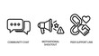 © MSTNAFIATABASSUM - Social communication and support icons featuring community chat motivational shoutout peer support link communication community motivational shoutout connection megaphone triangle
