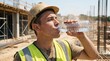 © Olga Ко - Sweaty and dirty construction worker in hard hat drinking water from plastic bottle on site, extreme heatwave and hydration concept