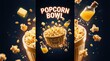 © hamzahalderad - Delicious Popcorn Bowl with Butter and Drinks on a Black Background.