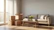 © Zulharyono - Cozy living room with moving boxes and a couch, ready for a new home or apartment move, creating a warm and inviting atmosphere