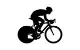 Cyclist riding bicycle in motion silhouette of athlete on bike with large wheels on white background