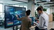 © Alex - Business professionals analyzing global transaction volume map and risk score breakdown on large interactive touchscreen display while discussing regional growth forecasts