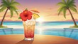 © CrazyJuke - Tropical Paradise Cocktail: A vibrant, fruity cocktail adorned with a hibiscus flower and pineapple slice sits invitingly beside a pristine swimming pool.