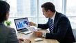 © Isabella - Businessman presenting financial charts on laptop to colleague during meeting, pointing at pie graph and bar diagram, corporate teamwork discussion and strategic planning session