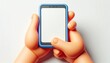 © T - A 3D hand holds a smartphone horizontally with a blank screen on a white background.