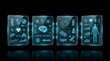 © It's for you  - Futuristic transparent medical ui panel displaying human anatomy and biological data analytics with glowing cyan neon digital graphics on a dark black background