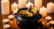 © Latsamee - Hot aromatic beverage in a pot featuring orange slices and spices, set amidst glowing candles to create a cozy winter holiday atmosphere, cozy, pot, drink