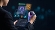© ParinApril - Holographic Customer Service Hub Interface Floats Beside Tablet to Display Headset Icon, Set Review Deadline, Monitor Live Status, and Organize Contact Workflow, Focusing on Support Management