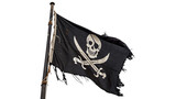 Classic black pirate flag with white skull and crossbones isolated on transparent background cut out