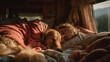 © Michał Magiera - Young woman sleeping with golden retriever in cozy camper van bed warm morning light and peaceful van life atmosphere