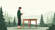 © noki - Man Studying Plans Outdoors by Lake in Serene Forest Landscape