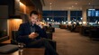 © Hamburatan - A professional man sits in an airport lounge using a smartphone at night.