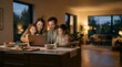 © Hamburatan - Happy family sitting at kitchen island using a laptop in the evening