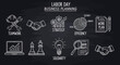 © ArtChi3v - Comprehensive collection of linear business planning and labor concepts represented by chalk-style icons on a dark background for strategic development
