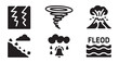 © Farik - Set of natural disaster icons showing lightning earthquake landslide flood rain and volcano symbols.