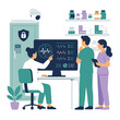 © Harriette - Medical team analyzing brain activity data on computer screen in laboratory vector illustration.