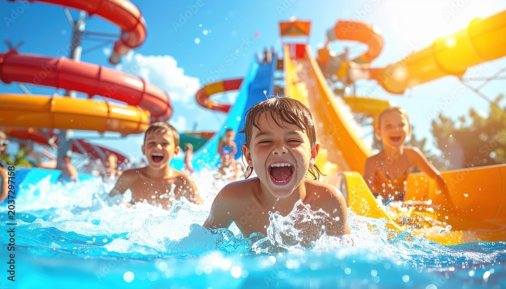 Photo Stock Summer Waterpark Background Photo with Kids Playing Water ...