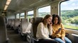 © Predicted - Happy young women watching smartphone video together on a scenic train ride