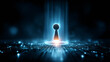 © Alex Alex - A glowing neon silhouette of a keyhole above a microchip, with a stream of digital binary codes in the background, representing the concept of cybersecurity, data protection, and encryption.
