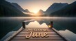 © haziq - Golden sunset over tranquil mountain lake with wooden dock.