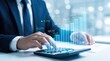 © Fexzan - Businessman analyzing financial data, stock market graph on tablet, financial technology, blue interface