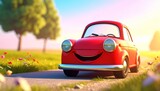 A smiling red cartoon car in a sunny meadow with pink trees and flowers, symbolizing joy, adventure, and the magic of animated storytelling.