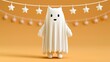 © wilson - Cute 3d cartoon white ghost character standing under string of white star garland on warm orange background for fun cute halloween holiday decoration