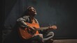 © Misbah - A man sitting on the ground playing an acoustic guitar with a joyful expression on his face in a dark alleyway