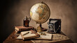 © Dmitry Kovalenko - Vintage world globe surrounded by antique books, brass compass, old maps and retro decor in warm atmospheric lighting. Classic travel and exploration concept with nostalgic study interior, timeless kn