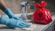 © andre - A person wearing blue gloves cleans a surface with a cloth next to a biohazard bag and a spray bottle in a kitchen.