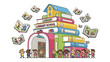 © abidakhatun - Children's Library Adventure: A whimsical illustration of a library shaped like a stack of colorful books, with children eagerly entering and flying books surrounding the magical building.