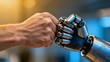 © lamin - AI powered robotic arm fist bumping human hand, futuristic automation and partnership concept featuring digital innovation, teamwork and cyber technology