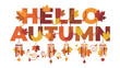 © Hasib - Hello Autumn Typography with Leaves and Wind Chimes: Festive Hello Autumn text adorned with falling maple leaves and whimsical wind chimes.