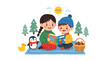 © Rayi - A young boy and girl sit on a blue blanket in a snowy winter landscape, happily reading a colorful picture book together.