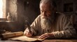 © Olga Ко - Ancient biblical prophet, apostle or saint writing a sacred text of the Holy Bible on parchment with a quill pen. Concept of Saint Paul, John, Luke, or Matthew authoring the Gospel or Epistles.