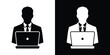 © bibin - Professional man in a suit working on a laptop computer. Icon representing office work, programming, or online business.