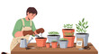 © Surya - Man planting seeds in pots on a table.