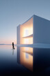 © Lustre Art Group  - Solitary person near glowing modern property development with water reflection. Concept of premium real estate, architectural project, luxury housing, property investment and residential development.